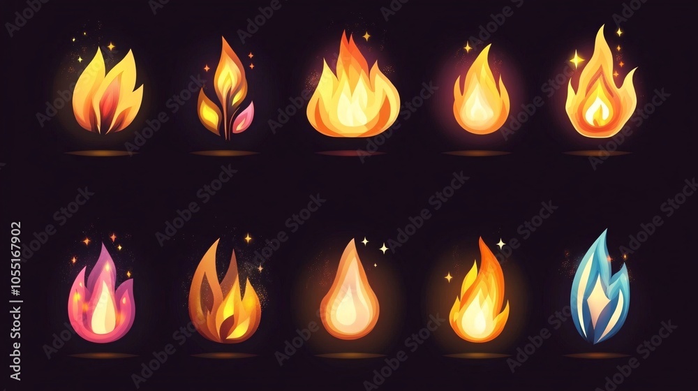 2410 113.A vector collection of flame icons with front-facing views of different types of fire, from small flickering flames to large campfires. Each flame is carefully illustrated with a mix of warm 2410 113.A vector collection of flame icons with front-facing views of different types of fire, from small flickering flames to large campfires. Each flame is carefully illustrated with a mix of warm