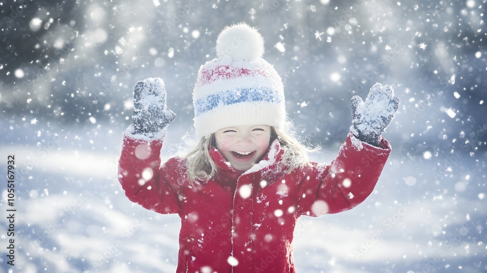 Joyful child playing in the snow wearing a red coat and winter hat.