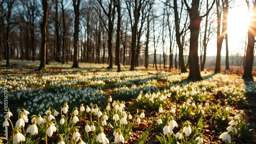 Wallpaper Mural Sunlight filtering through the branches of a forest, illuminating a carpet of delicate white blossoms, casting long shadows on the woodland floor. Torontodigital.ca