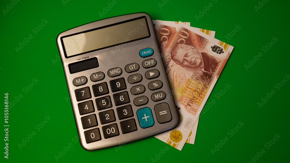 An isolated composition of British pounds sterling notes and a calculator isolated on a green background An isolated composition of British pounds sterling notes and a calculator isolated on a green background