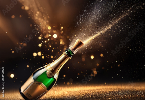 A champagne bottle pops open with a burst of golden bubbles against a dark background.