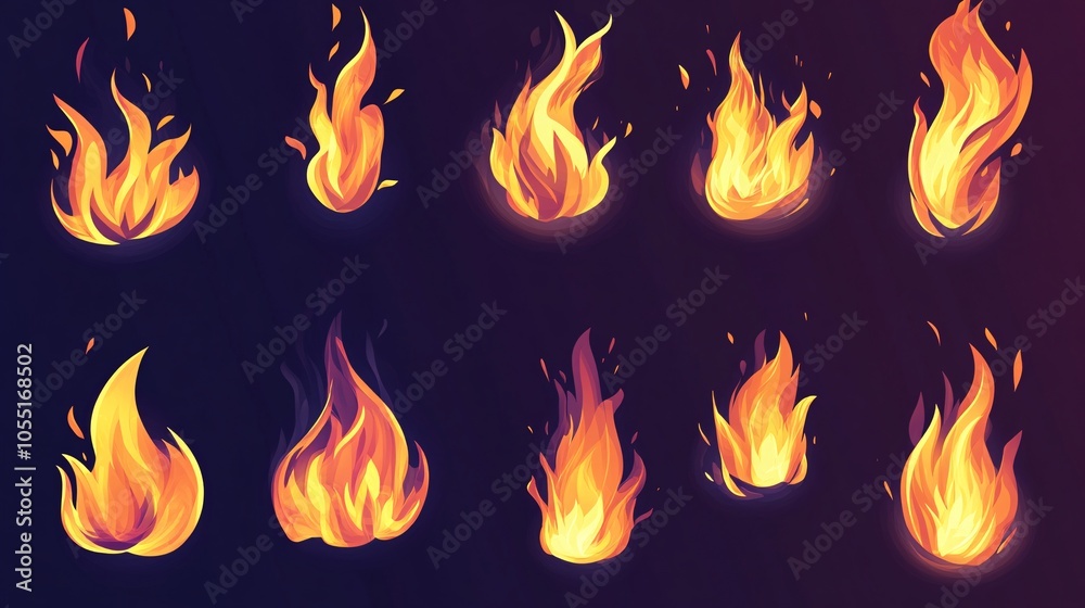 2410 111.A vector set of flame icons, each depicting a different type of fire, from small flickering flames to large roaring campfires. The flames are drawn with sharp, clean lines and gradient 2410 111.A vector set of flame icons, each depicting a different type of fire, from small flickering flames to large roaring campfires. The flames are drawn with sharp, clean lines and gradient