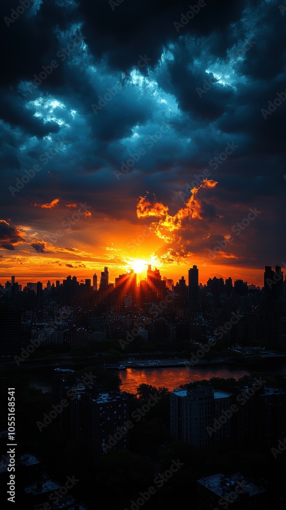 Obraz premium City skyline silhouette against a vibrant, dramatic sky, showcasing urban beauty and atmospheric depth at twilight.