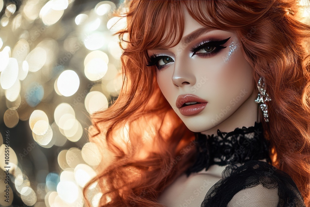 a androgynous male wearing female makeup having a bouffant hairstyle , with elegant dress a androgynous male wearing female makeup having a bouffant hairstyle , with elegant dress
