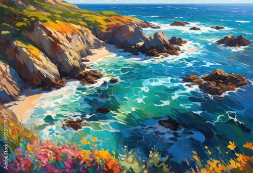vibrant tides embrace tranquil rocky shores crystal clear waters colorful coastal flora under bright sky, beach, shoreline, rocks, waves, sunset, scenery
