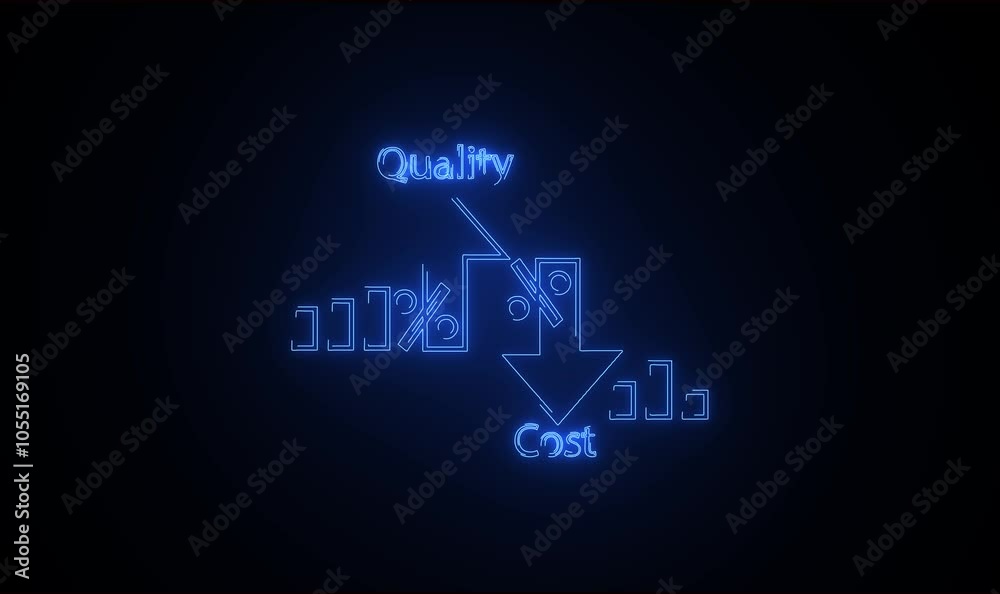 Quality control and company cost reduction. Cost and quality control concept with black color background. Percentage icon of quality with up arrow and cost with down arrow. Quality control and company cost reduction. Cost and quality control concept with black color background. Percentage icon of quality with up arrow and cost with down arrow.