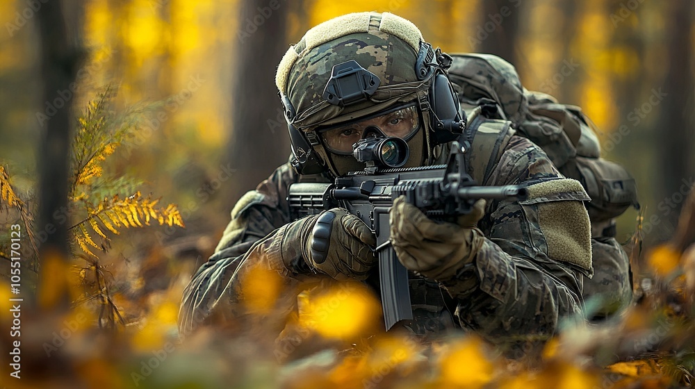 soldier with a rifle in ambush in the forest soldier with a rifle in ambush in the forest