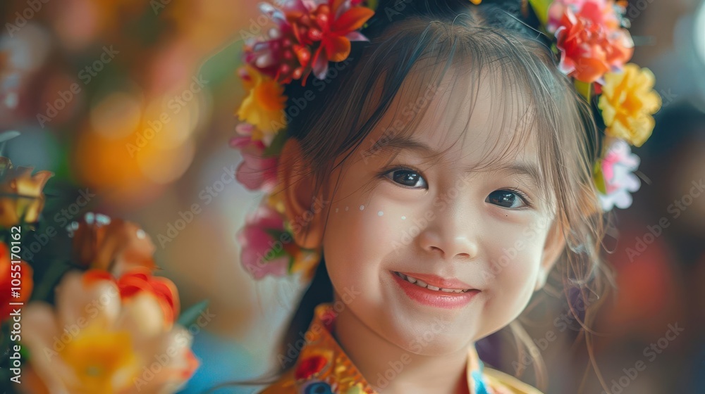 Smiling girl with floral crown, bright background, joyful expression. Smiling girl with floral crown, bright background, joyful expression.