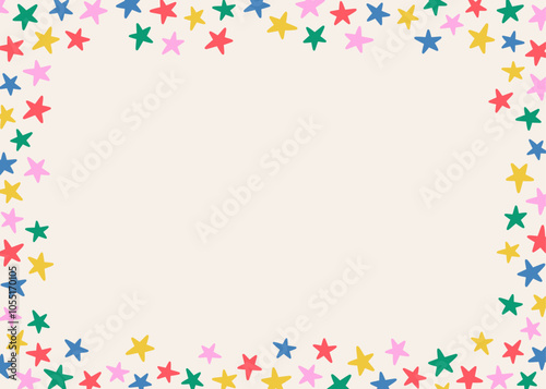 Abstract horizontal frame of bright multicolored stars, confetti on light background, flat style, hand drawn illustration, copy space