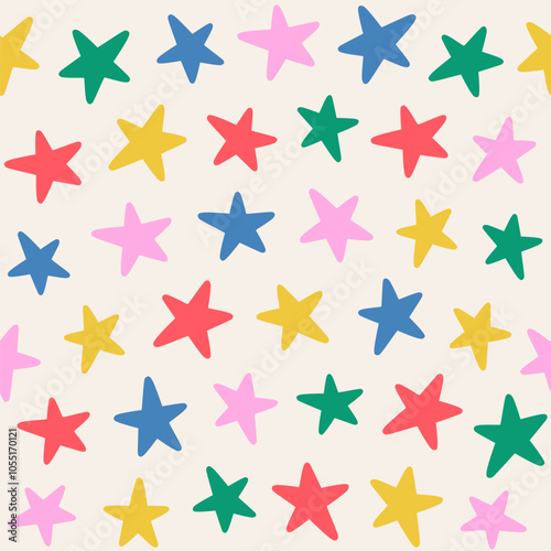 Seamless abstract pattern of multicolored stars on a light background, cute hand drawn illustration, flat style