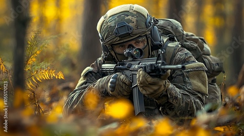 soldier with a rifle in ambush in the forest	