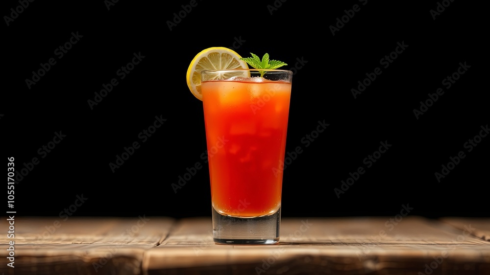 Fototapeta premium A refreshing beverage with citrus and ice, a single glass on a wooden surface with a dark background