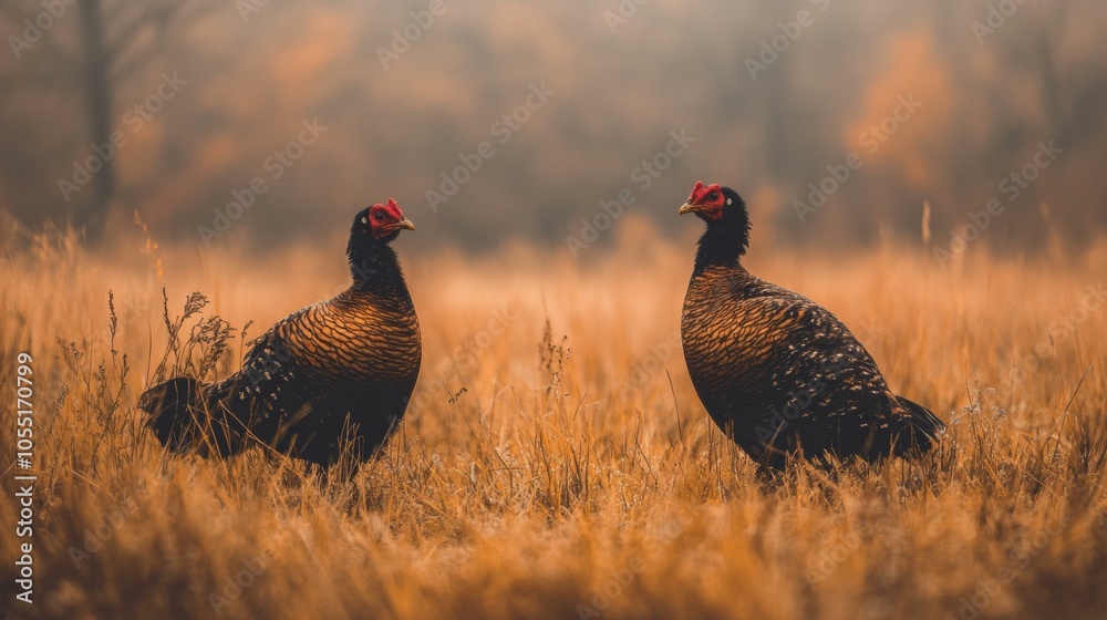 Two chickens pecking in lush green grass under bright sunlight in a rural farm setting. Two chickens pecking in lush green grass under bright sunlight in a rural farm setting.