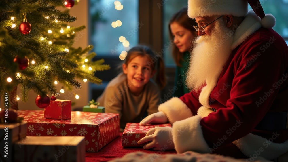 Santa Claus kneels by a festive Christmas tree, wrapping gifts. Two children watch in awe, surrounded by twinkling lights and presents. Santa Claus kneels by a festive Christmas tree, wrapping gifts. Two children watch in awe, surrounded by twinkling lights and presents.