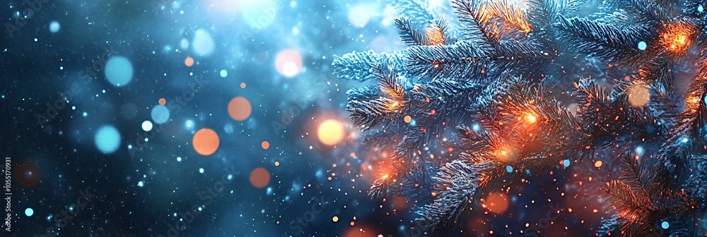 Snow-covered christmas tree branches adorned with glowing lights evoke a warm and magical festive atmosphere, perfect for holiday celebrations, banner
Snow-covered christmas tree branches adorned with glowing lights evoke a warm and magical festive atmosphere, perfect for holiday celebrations, banner