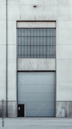 Side view of a minimalist industrial hangar warehouse with pure Gray khaki walls and a sturdy silver metal frame. The design features clean lines and simple