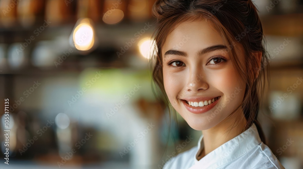 Smiling young woman wearing chef uniform in a cozy cafe setting. Smiling young woman wearing chef uniform in a cozy cafe setting.