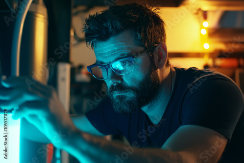 technician working on water heater, focused and attentive, wearing glasses. environment is dimly lit, creating thoughtful atmosphere photo