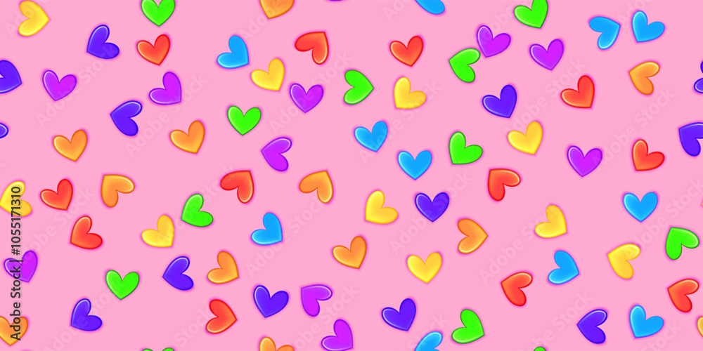 Pink glaze with rainbow heart shape sprinkles as a seamless pattern. Cute party bg with confetti. Ice cream and bakery topping. Holiday vector illustration Pink glaze with rainbow heart shape sprinkles as a seamless pattern. Cute party bg with confetti. Ice cream and bakery topping. Holiday vector illustration