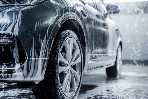 A close-up view of a car, seemingly in the midst of a car wash
