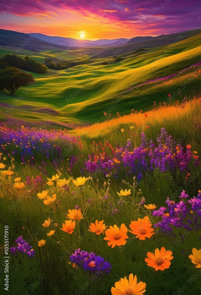 Obraz premium scenic lush meadows adorned vibrant wildflowers golden sunset backdrop, landscape, nature, flora, field, blossom, bloom, greenery, sky, colors, twilight