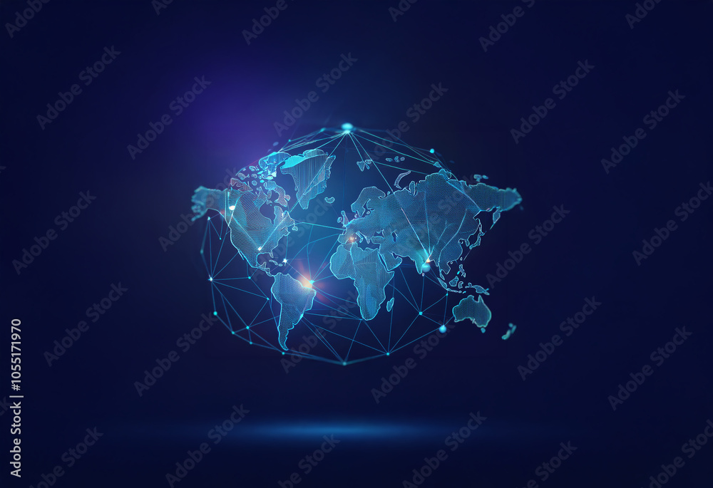 A stylized, low-poly world map rendered in blue and white on a dark blue background. A stylized, low-poly world map rendered in blue and white on a dark blue background.