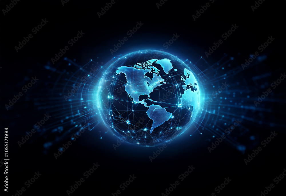 Fototapeta premium A glowing blue earth with a network of lines emanating outward against a black background.