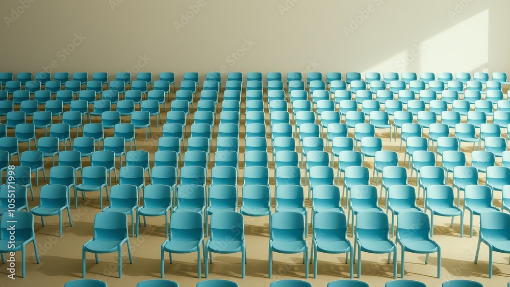 Fototapeta premium Awaiting the arrival of a diverse audience in a minimalist setting, each turquoise chair represents a unique perspective ready to be shared.
