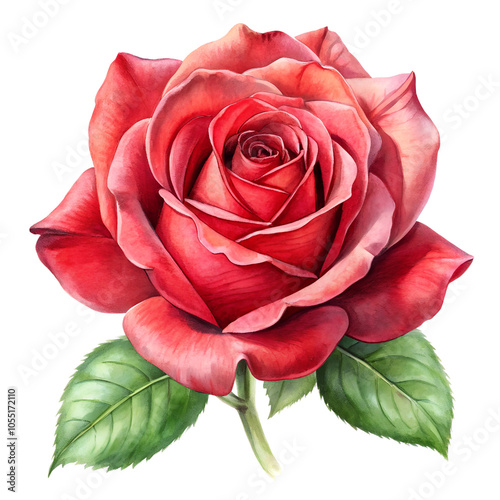 Stunning deep red rose with vibrant green leaves showcased on a clean white background, exuding timeless elegance and natural beauty perfect for romantic occasions or sophisticated design projects.