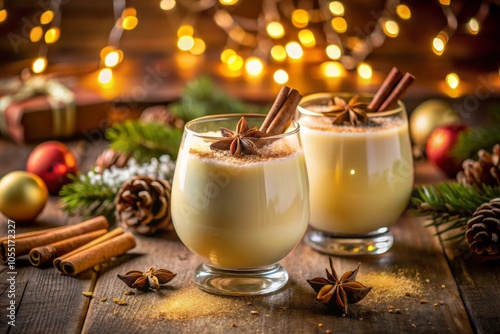 Crystal Glasses of Delicious Eggnog with Spices and Ingredients for Holiday Festivities