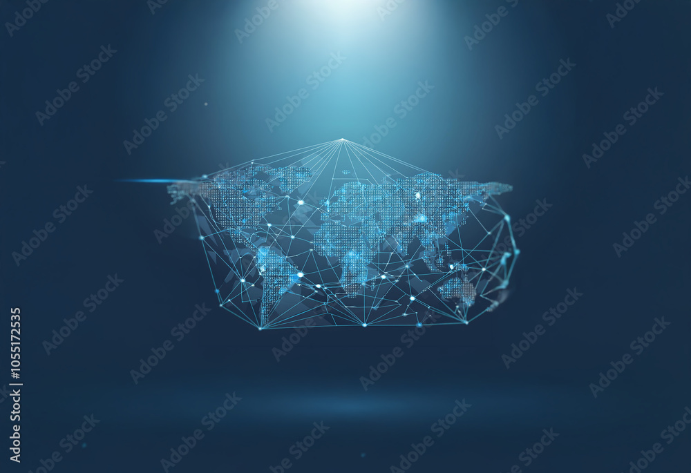 Fototapeta premium A glowing, polygonal world map floats against a dark blue background.