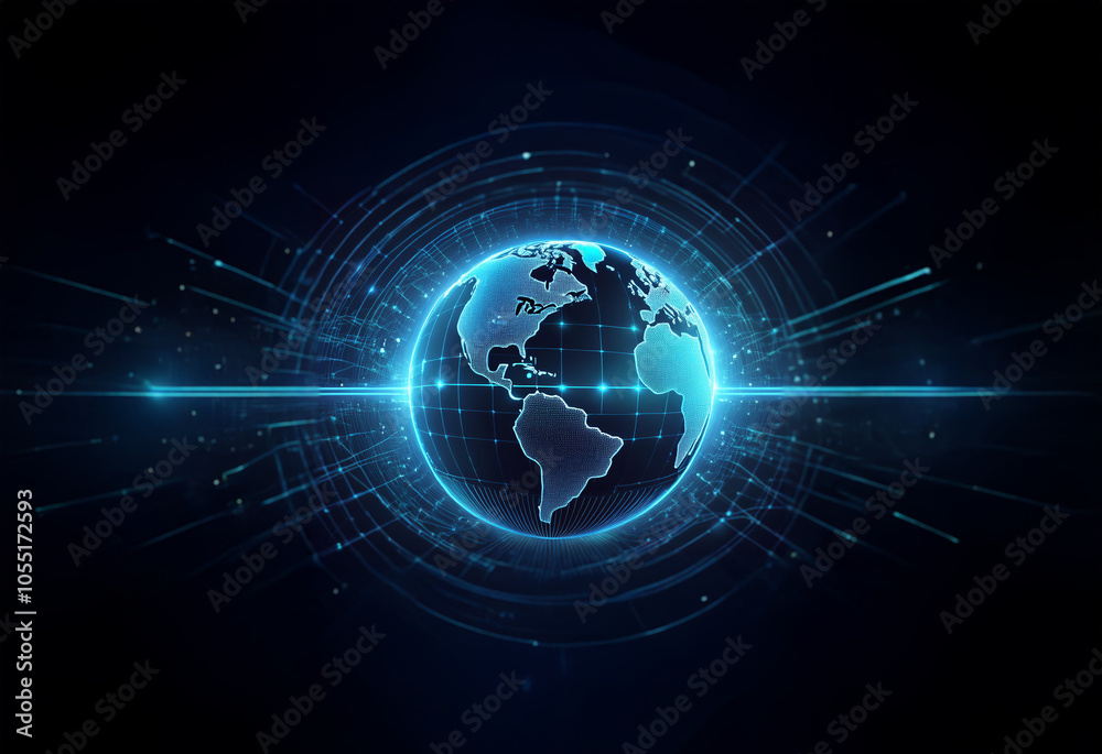 Obraz premium A glowing blue digital globe in a dark space with concentric circles and a bright light line.