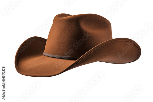 Rodeo horse rider; wild west culture; Americana and american country music concept theme with a brown leather cowboy hat isolated on white background with clip path cut out photo