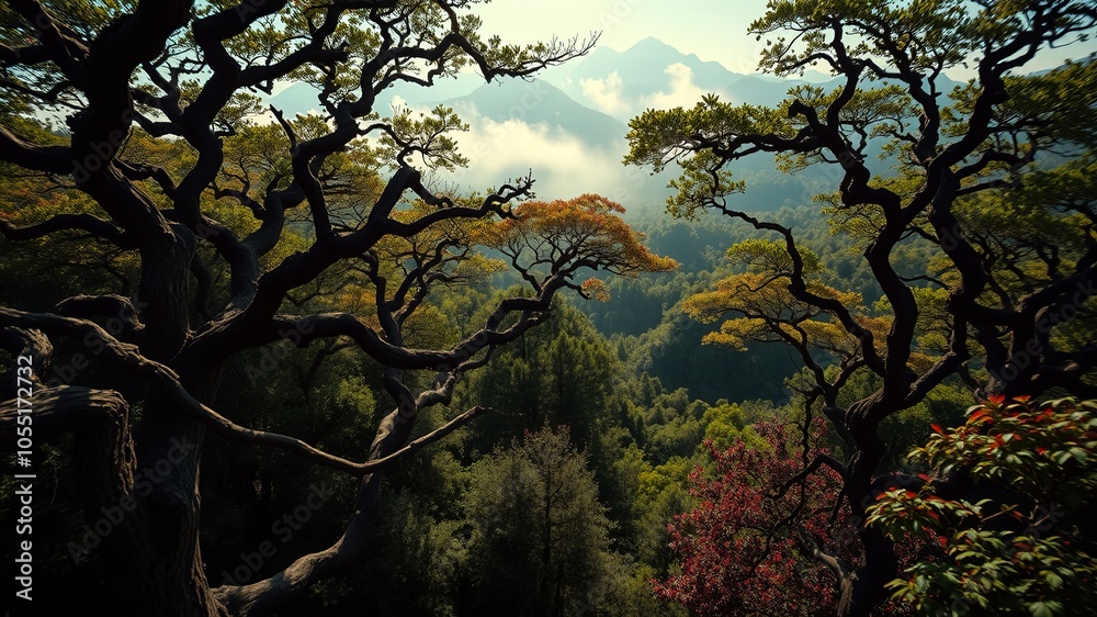 Naklejka premium A Majestic Canopy Reveals a Misty Mountain Vista, Where Lush Greens and Hints of Autumn Hues Blend Seamlessly