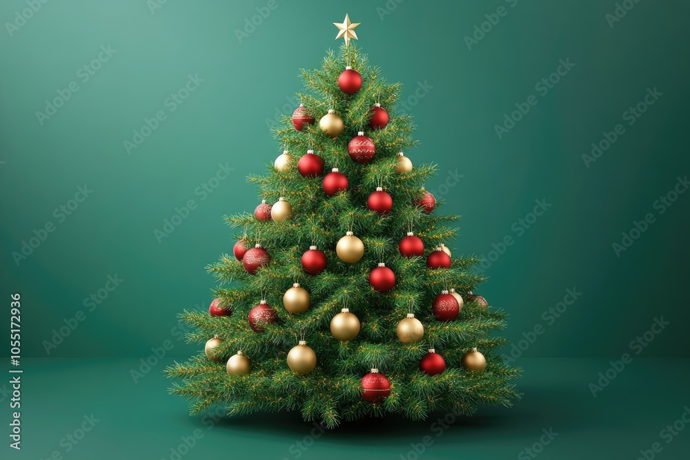 Christmas tree decorated with red and gold baubles on green background Christmas tree decorated with red and gold baubles on green background