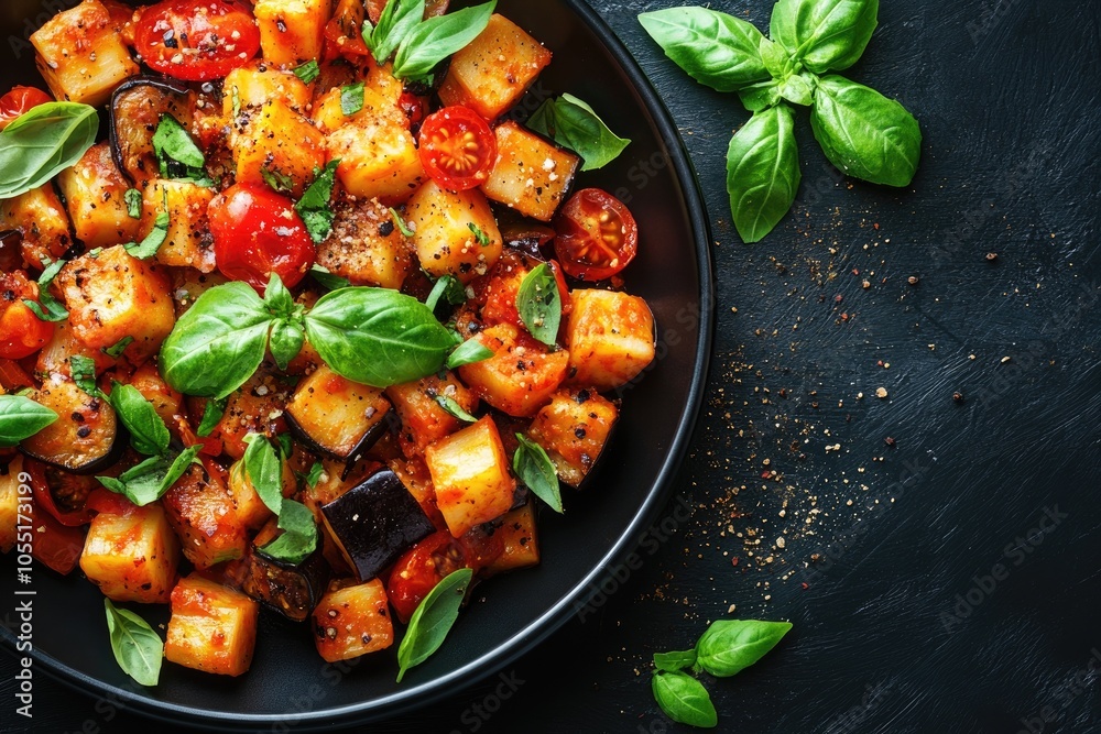 Roasted potatoes, eggplants and tomatoes with fresh basil in black plate Roasted potatoes, eggplants and tomatoes with fresh basil in black plate