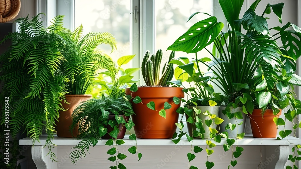A windowsill adorned with a lush collection of potted plants, showcasing a vibrant tapestry of green hues and textures, casting a sense of tranquility and natural beauty. A windowsill adorned with a lush collection of potted plants, showcasing a vibrant tapestry of green hues and textures, casting a sense of tranquility and natural beauty.