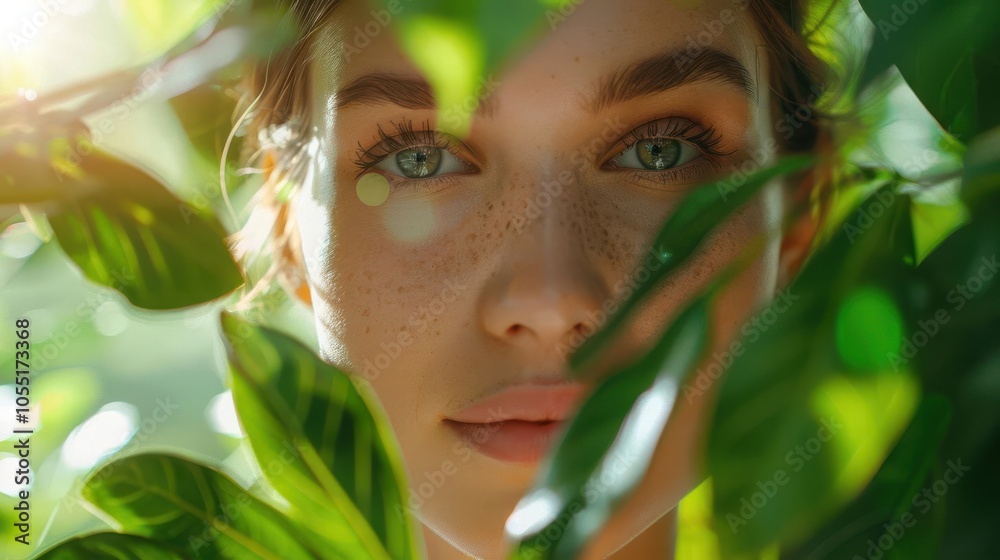 Young woman with serene expression amidst vibrant green leaves, nature close-up. Young woman with serene expression amidst vibrant green leaves, nature close-up.