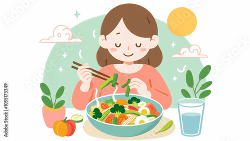Healthy Meal Enjoyed with Chopsticks, healthy eating vector illustration image