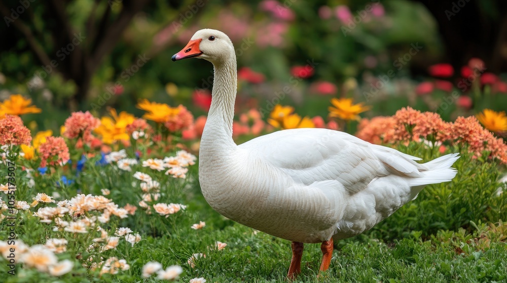 Obraz premium White goose standing in a colorful flower bed in a garden