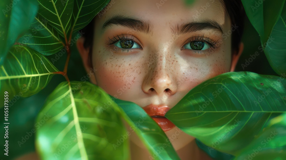 A close-up portrait of a person framed by lush green leaves. A close-up portrait of a person framed by lush green leaves.
