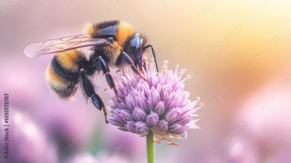 Bumblebee pollinating purple flower in summer meadow