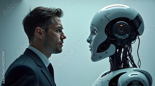 Side view of man and robot looking at each other in modern office