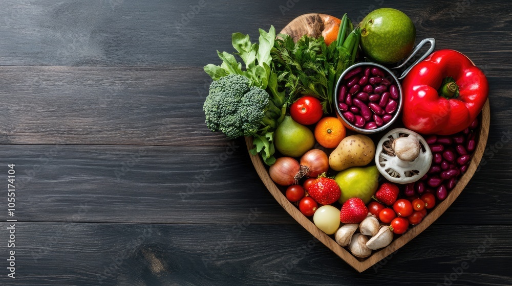 Heart shaped wooden tray overflowing with colorful fresh fruits and vegetables promoting healthy eating Heart shaped wooden tray overflowing with colorful fresh fruits and vegetables promoting healthy eating