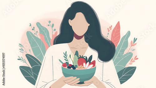 Woman Holding a Bowl of Fresh Fruits and Veggies, healthy eating vector illustration