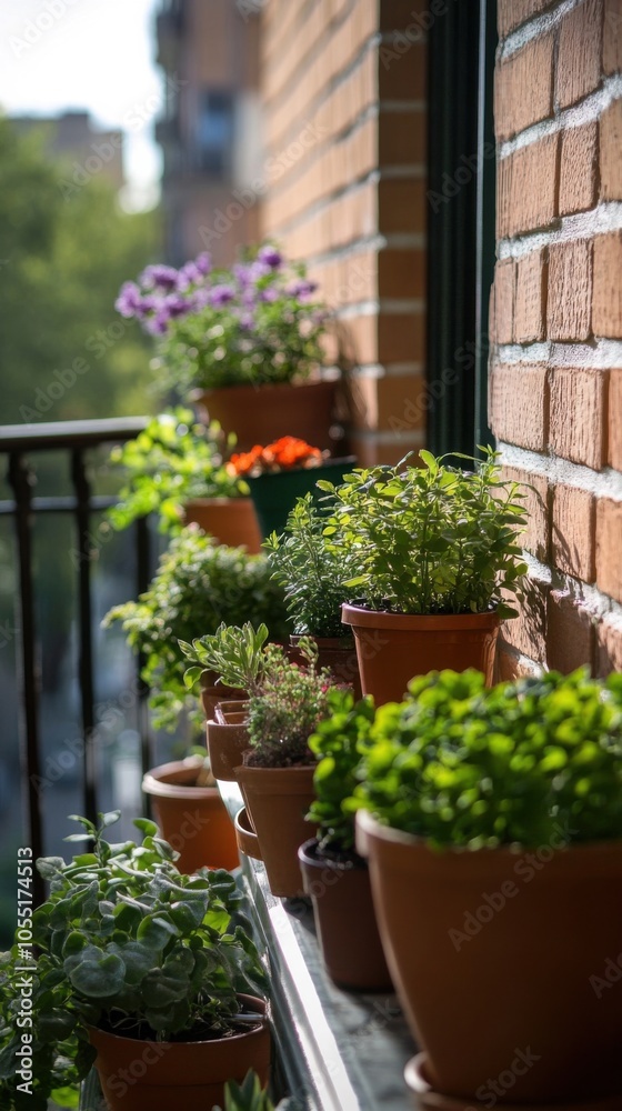 Obraz premium Breathtaking Balcony Garden: A Vibrant Display of Potted Plants Bathed in Natural Light