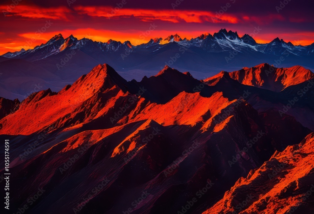 Naklejka premium stunning vibrant sunset illuminating mountain ridge silhouette vivid colors textures creating dramatic landscape view, sky, horizon, clouds, nature, light