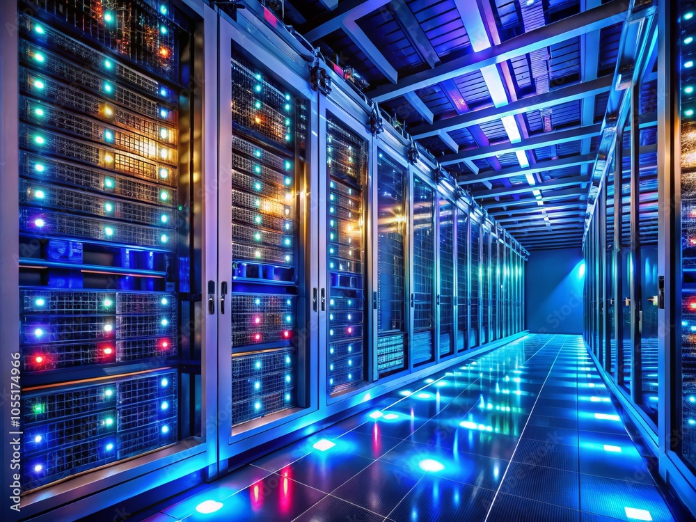 Detailed view of lit server racks in a data center, highlighting advanced technology and high-performance computing systems through vibrant, glowing lights and modern infrastructure. Detailed view of lit server racks in a data center, highlighting advanced technology and high-performance computing systems through vibrant, glowing lights and modern infrastructure.