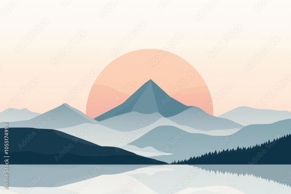 Naklejka premium A tranquil landscape featuring mountains and a serene lake, enhanced by a soft sunrise glow. Ideal for nature lovers.