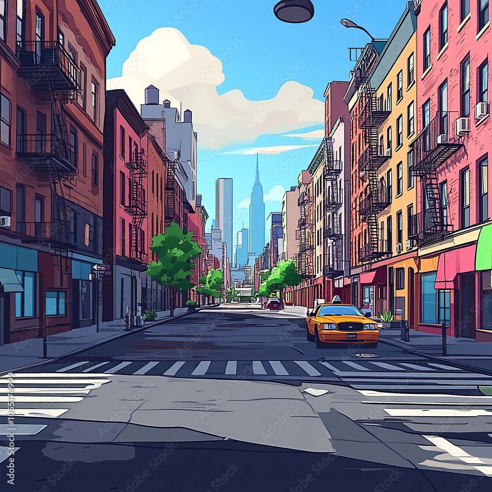 A flat vector illustration of an urban city street with tall buildings ...